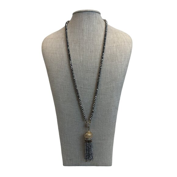 Unknown Jewelry - Crystal Beads Necklace with CZ Silver Beads and Tassel - 32in